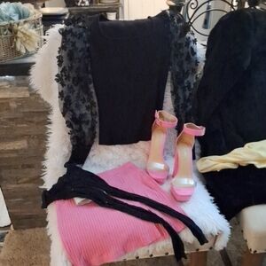 Set Black Top(s) Pink Skirt(s) Tights(OS) MultiReinstone Pink (7) Heels .